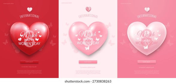 Conjunto de três folhetos ou cartazes para 8 de março, Feliz Dia da Mulher. Projete banners e convites para o dia das mulheres com corações e borboletas em fundos cor-de-rosa e vermelhos. Ilustração vetorial.