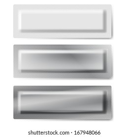 Set of three foil and plastic packages on white background.