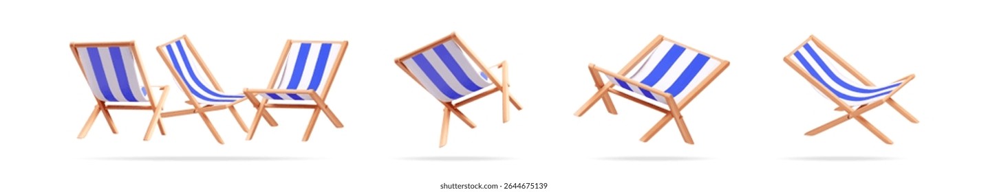 Set of three folding beach chair with blue and white stripes. Summer vacation and travel minimal concept. 3d stock vector illustration isolated on white.