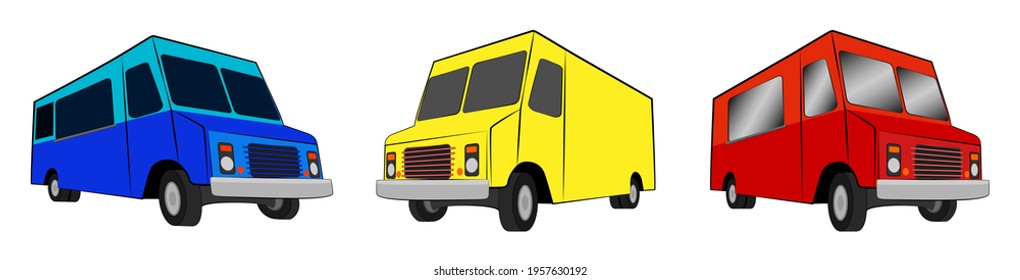 A set of three food truck vans in different colors - Vector Illustration