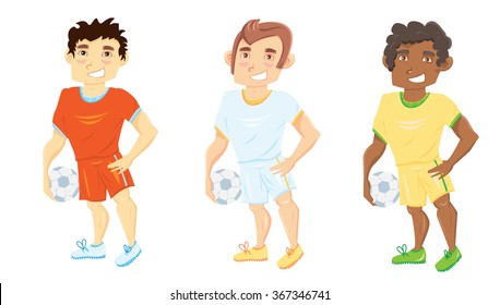 Set of three football players: asian, white, black. All men are in sport uniform