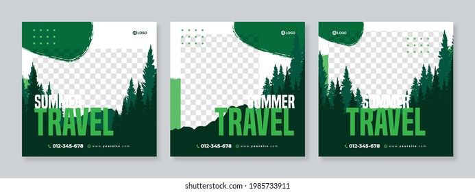 Set of three forest background of summer travel promotion banner social media pack template premium vector