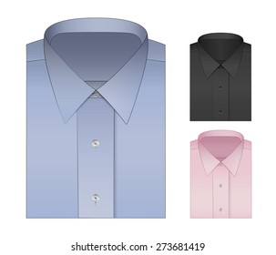 Set of three formal shirts for men. In classic colors: Oxford Blue, Black and Pastel Pink. Neck pattern, suitable for ties and suit templates. Vector design, isolated and scalable. 