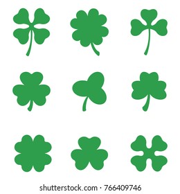 Set of three and four leaf clovers. Vector icon. A symbol of good luck. St Patricks day. Clover silhouette. Green lucky irish clover.