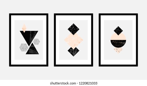 A set of three framed art prints in black, gray, pastel pink and white arranged in a beautiful and stylish composition. Abstract art posters, printable greeting cards, t-shirt designs.