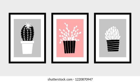 A set of three framed art prints with potted plants in black, gray, pastel pink and white isolated on light gray background. Abstract art posters, printable greeting cards, t-shirt designs.