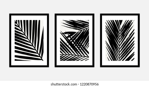 Un conjunto de tres impresiones de arte enmarcadas con hojas de palma en blanco y negro aisladas en fondo gris claro. Afiches de arte abstracto, tarjetas de felicitación imprimibles, diseños de pantalones t.