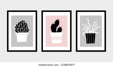 A set of three framed art prints with potted plants in black, gray, pastel pink and white isolated on light gray background. Abstract art posters, printable greeting cards, t-shirt designs.