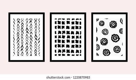 A set of three framed art prints in black and white isolated on light pink background. Abstract art posters, printable greeting cards, t-shirt designs.