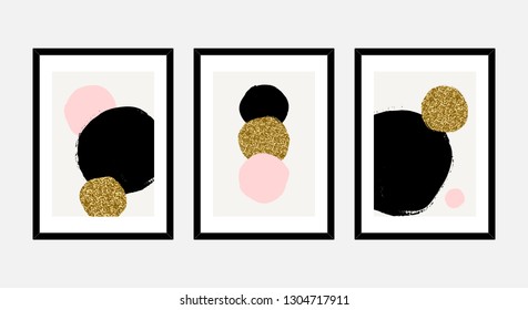 A set of three framed art prints in black, gold glitter, pink and white. Beautiful and stylish round shapes composition. Abstract art posters, printable greeting cards, t-shirt designs.