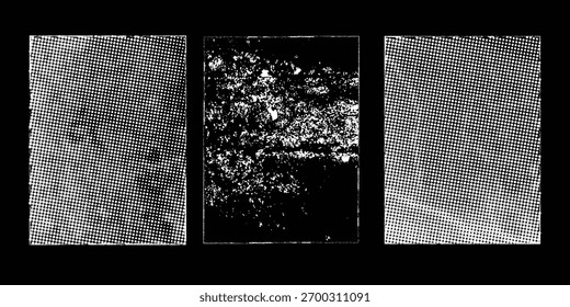 Set of three framed grunge textures with halftons surfaces for branding, packaging, print templates, and digital design backgrounds. Vectors