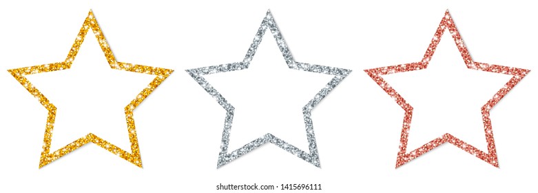 Set Of Three Framed Stars Sparkling Gold Silver Copper