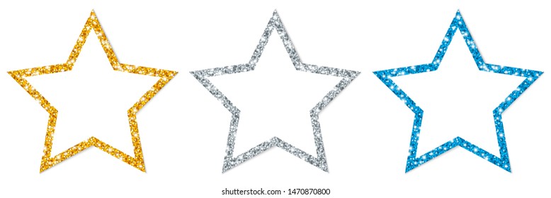 Set Of Three Framed Stars Sparkling Gold Silver Blue