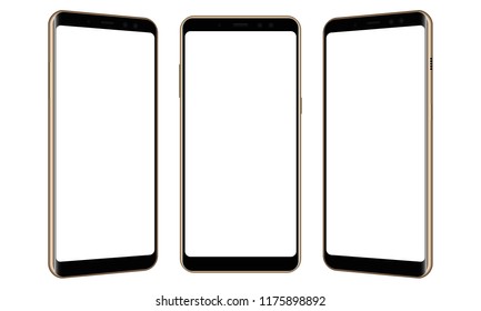 Set of three frameless smartphones mock up with blank screens - front and side views. Vector illustration