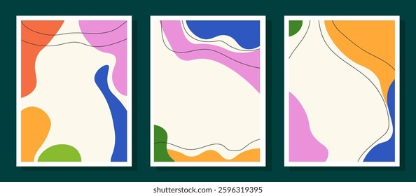 Set of three frames with abstract design in trendy bright colors and space for text in the center. Vector frames on dark green background.