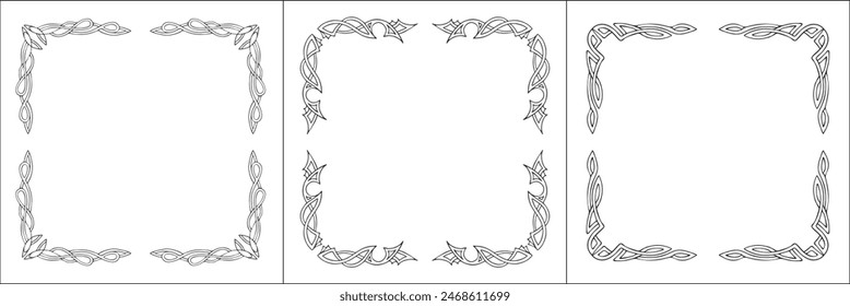 Set of three frames. Elegant black and white frame with Scandinavian ornament, decorative border, corners, isolated vector illustration.