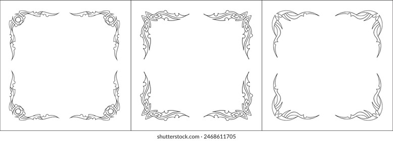 Set of three frames. Elegant black and white frame with Scandinavian ornament, decorative border, corners, isolated vector illustration.