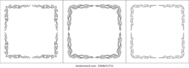 Set of three frames. Elegant black and white frame with Scandinavian ornament, decorative border, corners, isolated vector illustration.