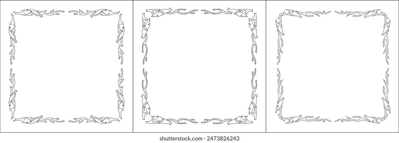 Set of three frames. Elegant black and white frame with Scandinavian ornament, decorative border, corners, isolated vector illustration.	