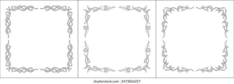 Set of three frames. Elegant black and white frame with Scandinavian ornament, decorative border, corners, isolated vector illustration.	