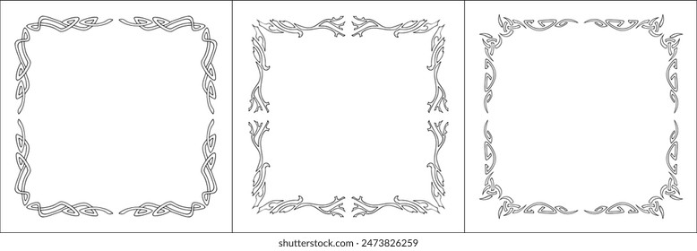 Set of three frames. Elegant black and white frame with Scandinavian ornament, decorative border, corners, isolated vector illustration.	