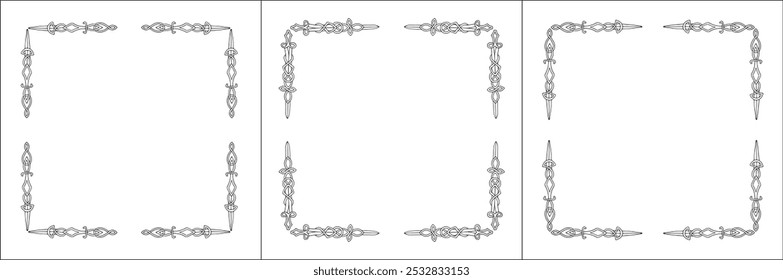 Set of three frames. Elegant Scandinavian black and white ornamental frame with swards, decorative border, corners. Isolated vector illustration.	
