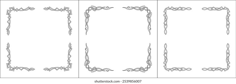 Set of three frames. Elegant Scandinavian black and white ornamental frame, decorative border, corners. Isolated vector illustration.	
