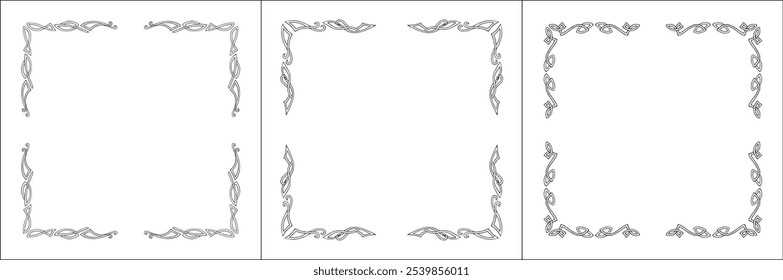 Set of three frames. Elegant Scandinavian black and white ornamental frame, decorative border, corners. Isolated vector illustration.	
