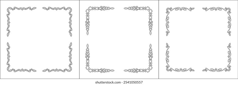 Set of three frames. Elegant Scandinavian black and white ornamental frame, decorative border, corners. Isolated vector illustration.	
