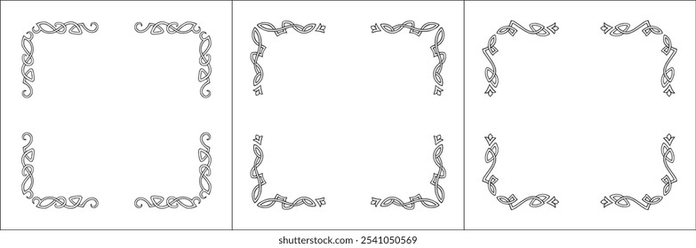 Set of three frames. Elegant Scandinavian black and white ornamental frame, decorative border, corners. Isolated vector illustration.	
