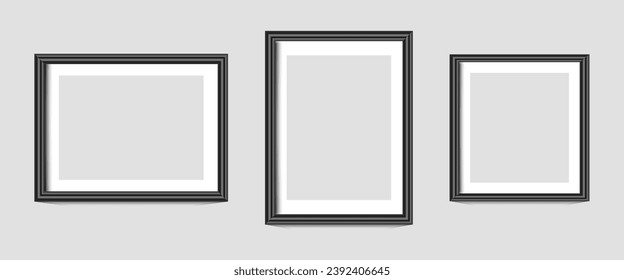  Set aus drei Bildern mit Rahmen auf Wand, Vektorweißmockups oder leeren Poster. Leere Fotorahmen-Samups für Bilder oder Fotos, realistische 3D-Blankovorlagen