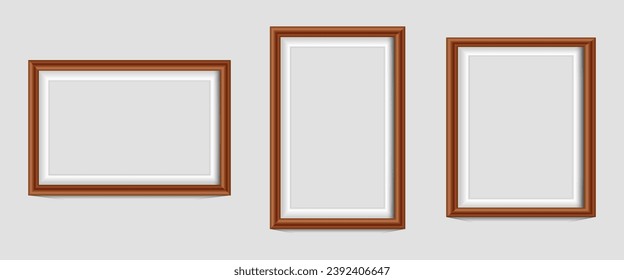  Set of three frames photo picture frames on wall, vector white mockups or empty posters. Empty photo frames mockups for pictures or photograph, realistic 3D blank templates