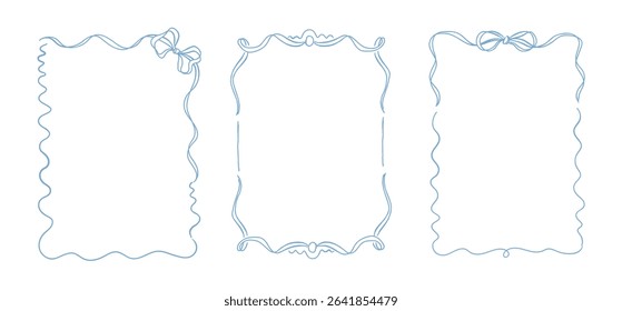 Set of three frames with ribbon bows in doodle style. Hand-drawn vector template with copy space. Trendy coquette borders for greeting card, wedding invitation, birthday card, print