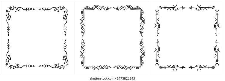 Set of three frames with runes. Elegant black and white frame with Scandinavian ornament, decorative border, corners, isolated vector illustration.	