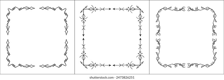 Set of three frames with runes. Elegant black and white frame with Scandinavian ornament, decorative border, corners, isolated vector illustration.	