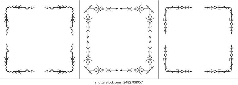 Set of three frames with runes. Elegant black and white frame with Scandinavian ornament, decorative border, corners, isolated vector illustration.	
