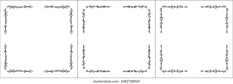 Satz von drei Rahmen mit Runen. Eleganter Schwarz-Weiß-Rahmen mit skandinavischem Ornament, dekorativer Rand, Ecken, isolierte Vektorillustration.	
