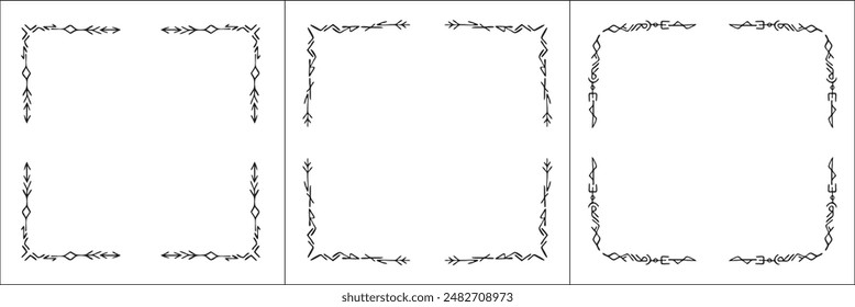 Set of three frames with runes. Elegant black and white frame with Scandinavian ornament, decorative border, corners, isolated vector illustration.	
