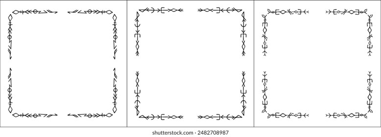 Set of three frames with runes. Elegant black and white frame with Scandinavian ornament, decorative border, corners, isolated vector illustration.	
