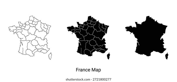 A set of three France maps in different styles, including a dotted map, a map with state borders, and a solid black map, all isolated on white background.