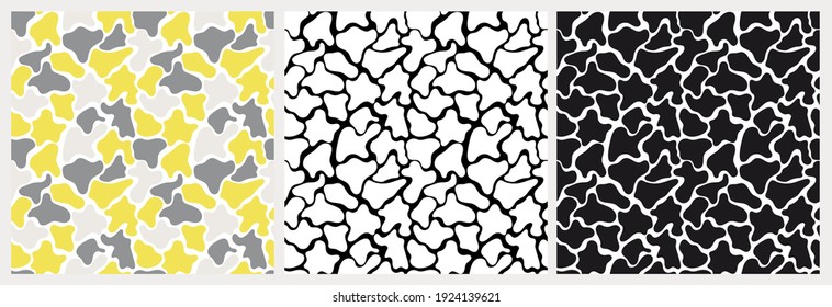 Set of three free seamless vector pattern with abstract spots like a giraffe,   gray, yellow colors on a white background, black-white patterns pattern for packaging, fabrics, banners, pajamas