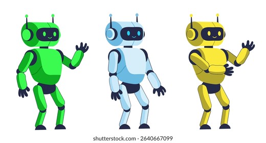 Set of three friendly cartoon robots in green, blue, and yellow. These futuristic characters are designed in a flat 3D style with expressive gestures, perfect for tech-related projects,