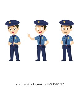 Conjunto de três personagens policiais amigáveis em diferentes poses, ideal para conteúdo educacional infantil e materiais de conscientização de segurança.