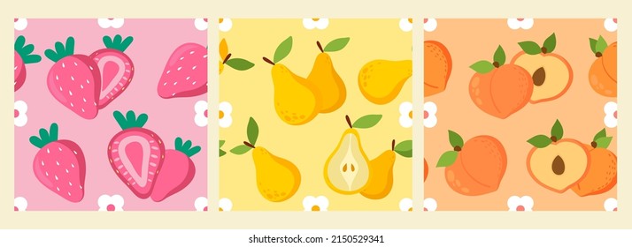 Set of three fruit vector seamless patterns. Includes pears, peaches and strawberries. Suitable for wrapping, wallpaper for your home, fashion design and more