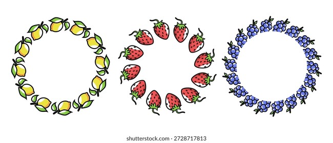 Conjunto de tres coronas de frutas, limones, fresas y uvas dispuestas en diseños circulares. Perfecto para temas decorativos y de temporada
