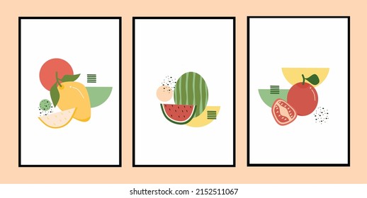 Set of three fruits wall art. Food wall decor. Restaurant or kitchen wall Decorations.