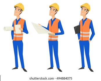 Set of three full length characters (architect, engineer or worker) wearing protective uniforms (protective vest and hardhats) and  looking at blueprint, holding documents and folder.