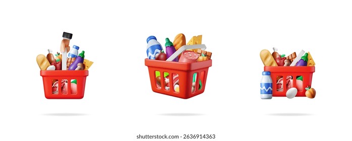 Set of three full red shopping baskets with different grocery food items. Fresh produce, dairy, meat and baked goods for supermarket concept.