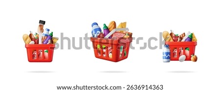 Set of three full red shopping baskets with different grocery food items. Fresh produce, dairy, meat and baked goods for supermarket concept.