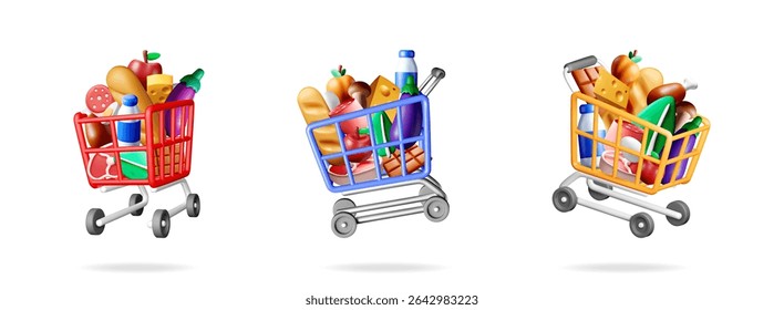 Set of three full shopping cart with grocery items. Food product collection for supermarket concept, online store, and retail.